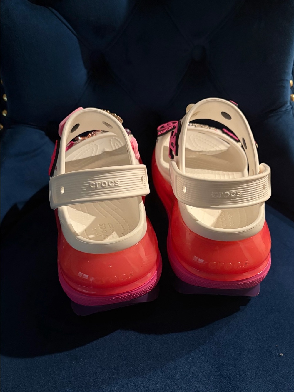 CROCS White Platform Clog Sandals with Pink Trim and Pink Charms - Picture 5 of 5